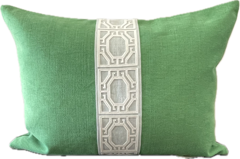 Magnolia Applique on Green Linen Cushion 45cm x 60cm